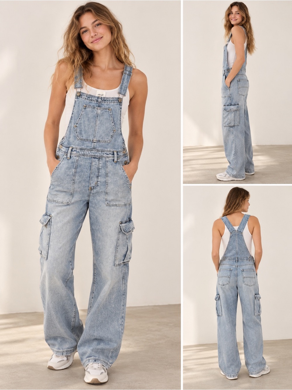 aerie Light Blue Wide-Leg Denim Overalls